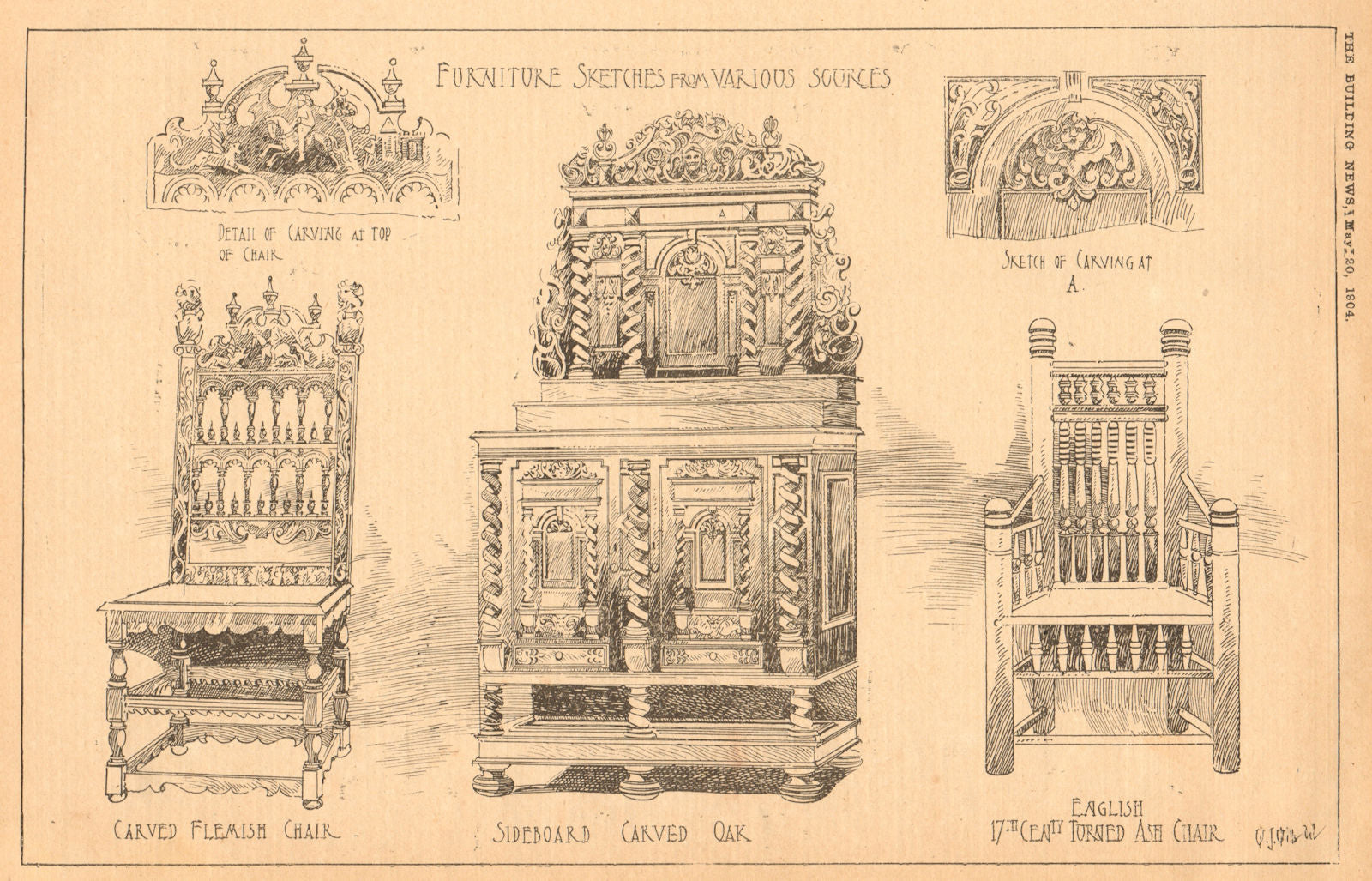 Furniture. Carved Flemish chair sideboard carved oak English 17C turned ash 1904